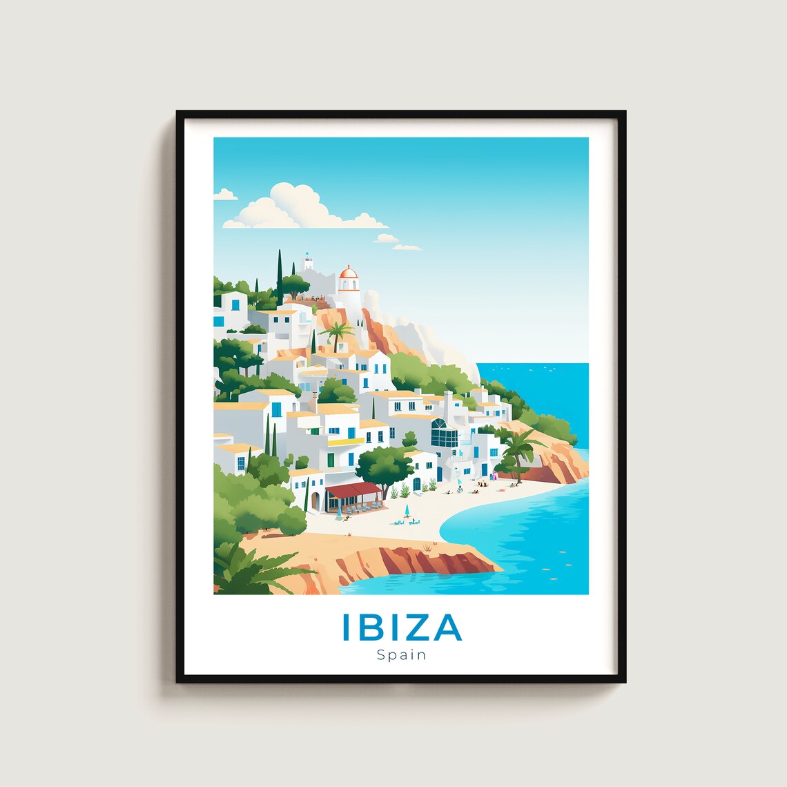 Ibiza Spain Cliffside White Village Cove Beach Summer Travel Poster
