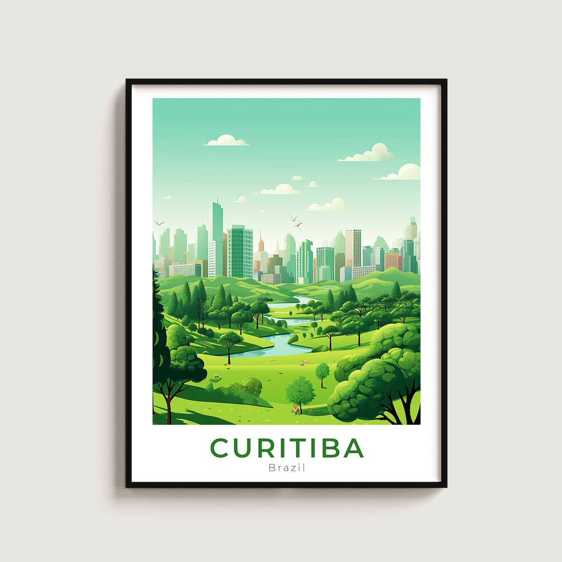 Curitiba Brazil Vintage Travel Poster Green Park City Skyline