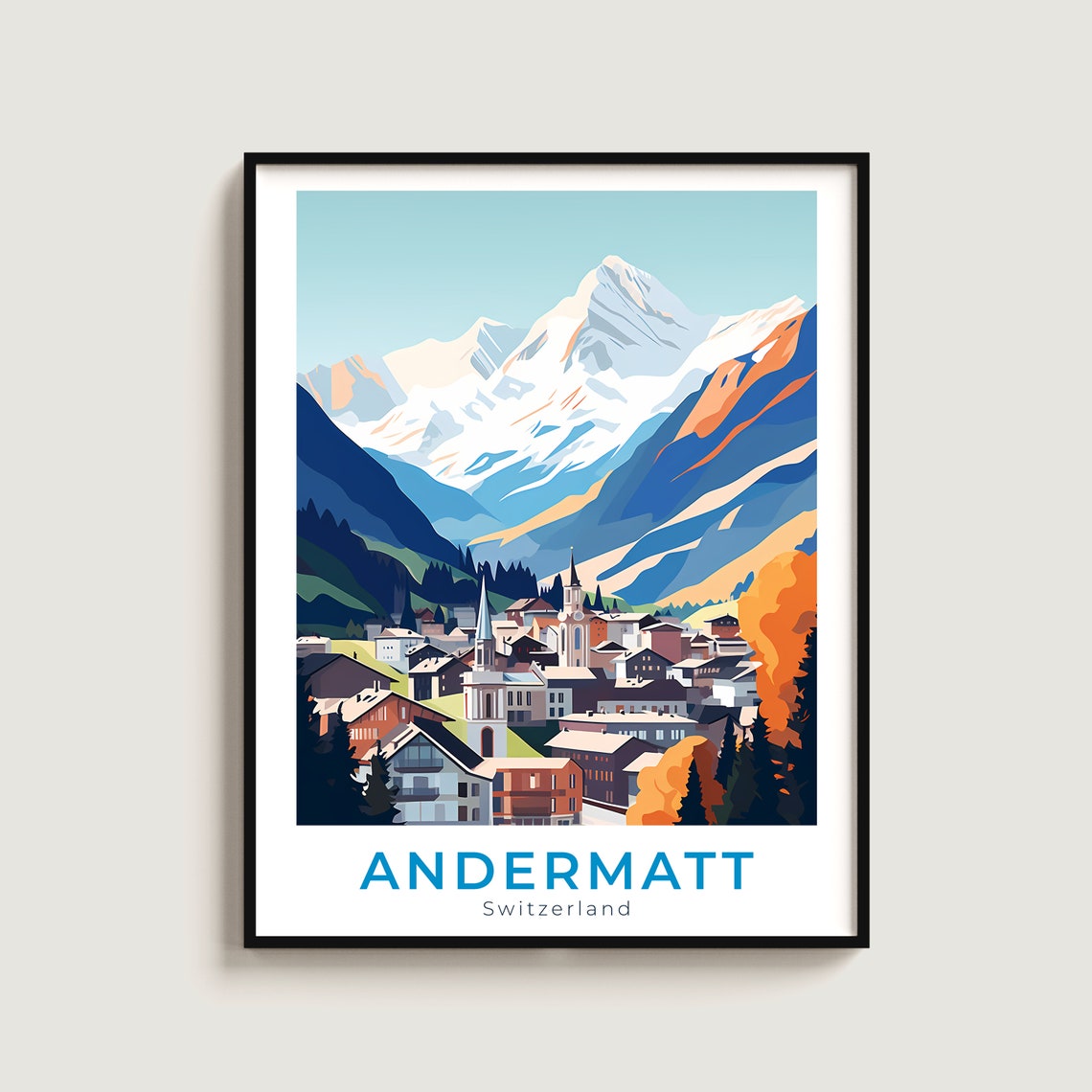 Andermatt Switzerland Alpine Village Snow Peaks Travel Poster