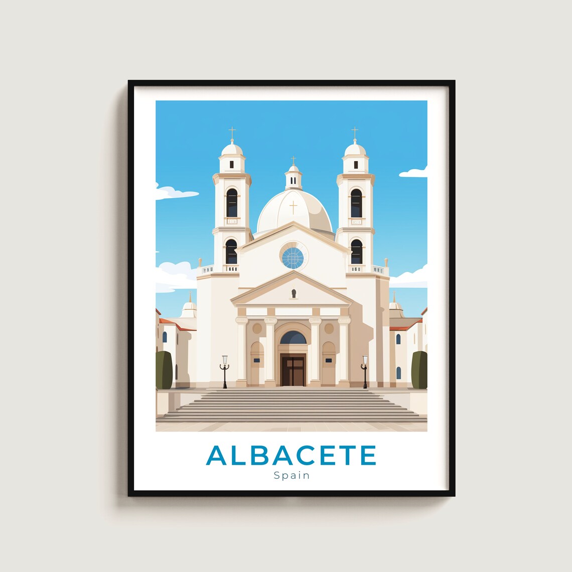 Albacete Spain White Cathedral Dome Twin Towers Travel Poster