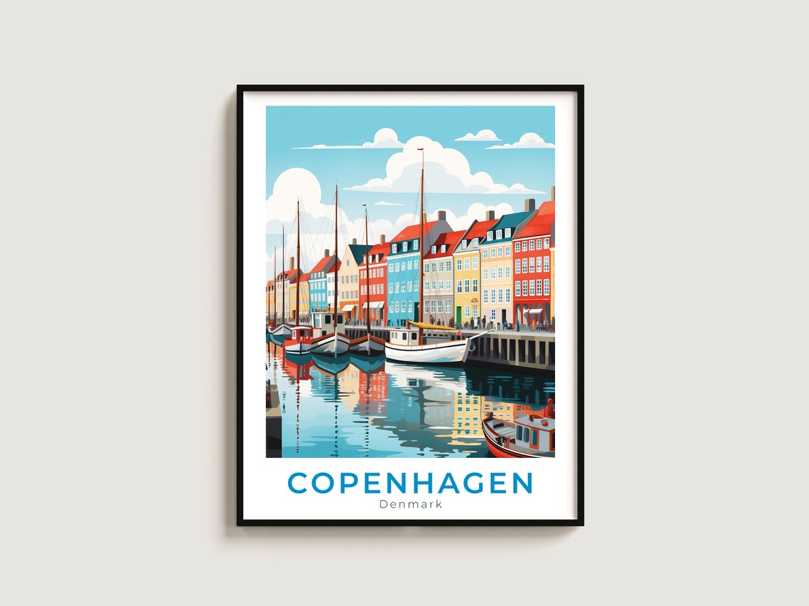 Copenhagen Denmark Nyhavn Sailboats Mirror Water Harbor Travel Poster