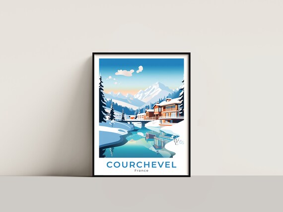 Courchevel France Chalet Reflective Pond Snowy Peaks Travel Poster