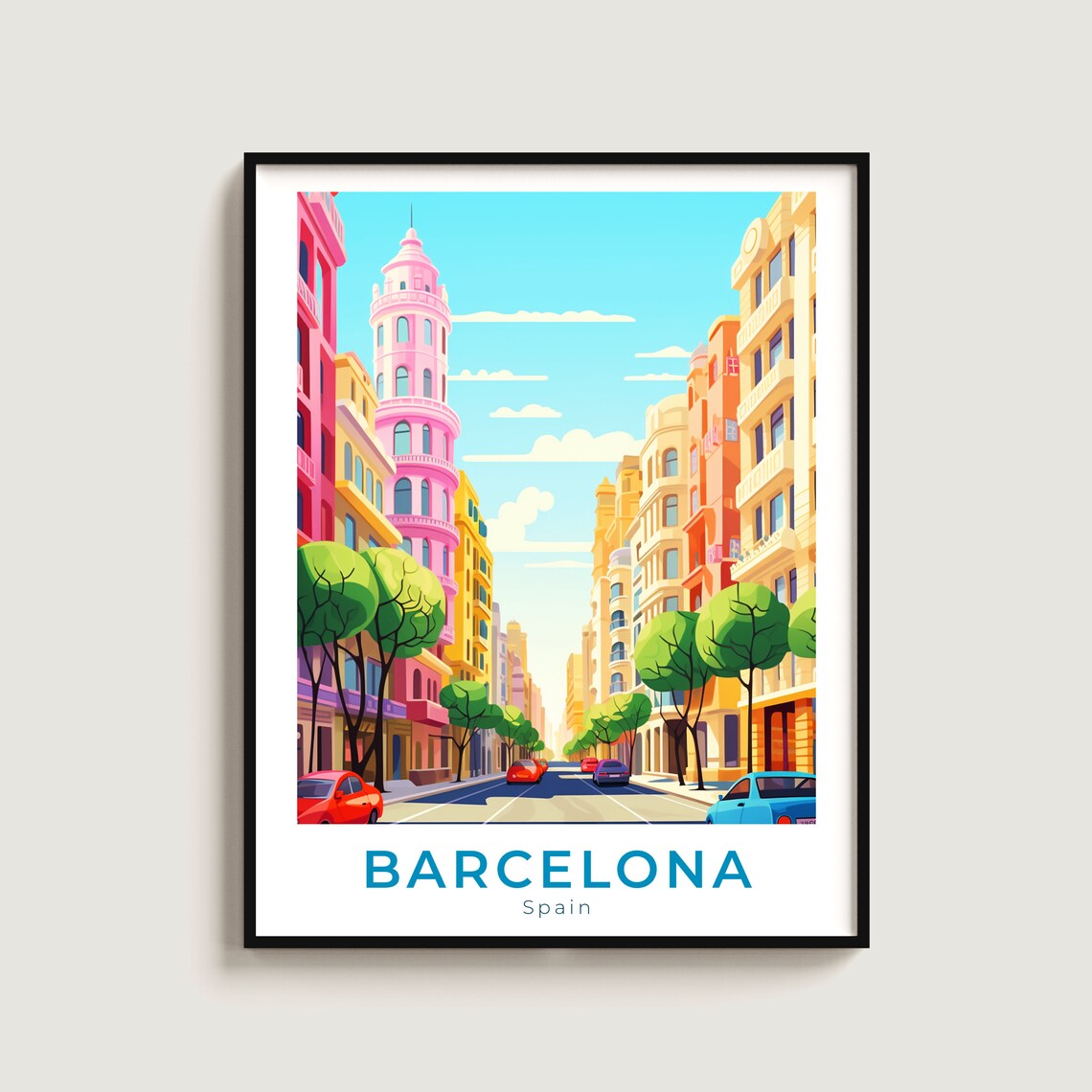 Barcelona Spain Colorful Street Buildings Pink Tower Travel Poster