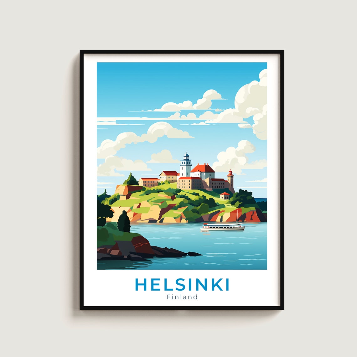 Helsinki Finland Suomenlinna Fortress Harbor Vintage Travel Poster