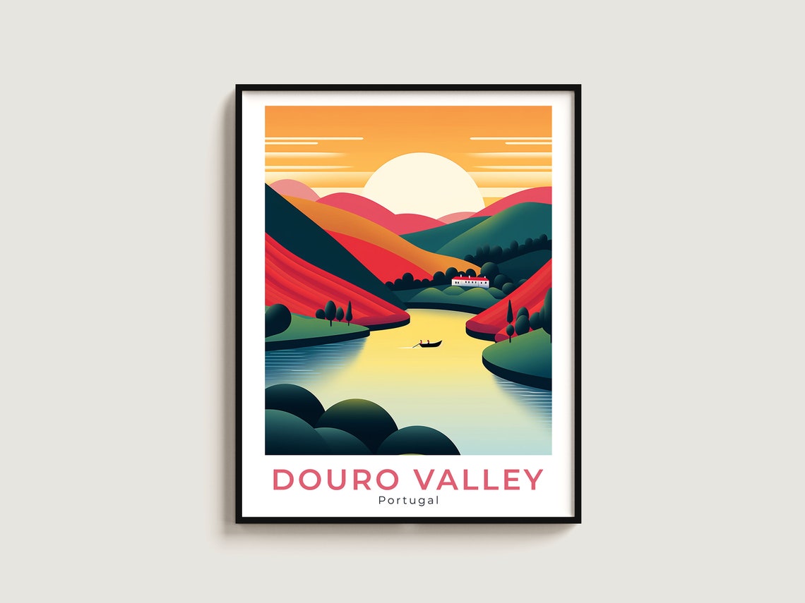 Douro Valley Portugal Travel Poster Sunset River Terraced Hills
