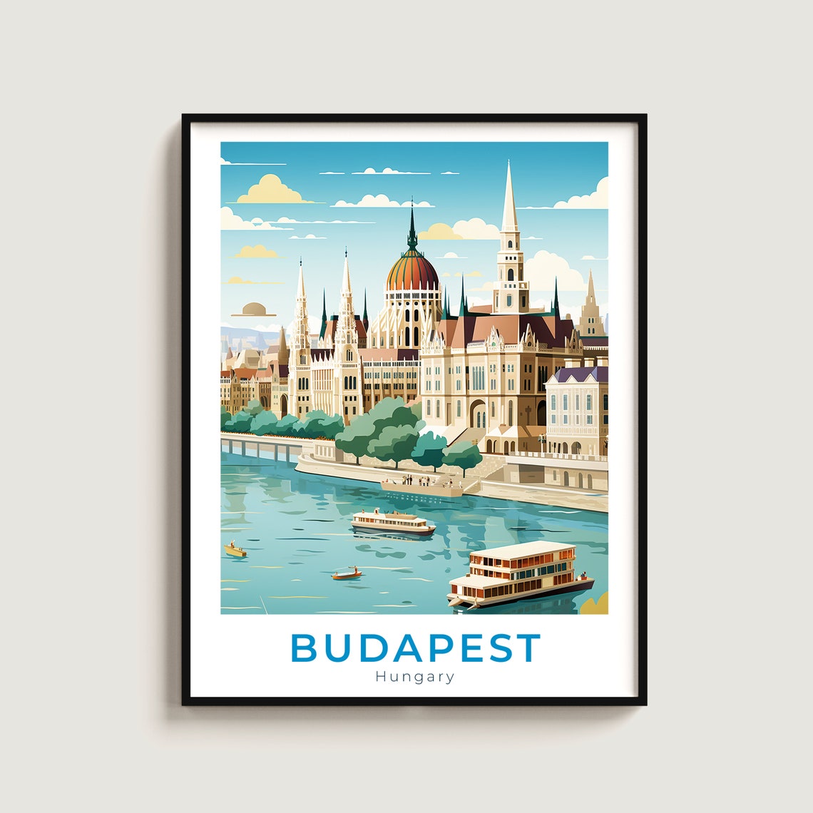 Budapest Hungary Parliament Building Danube River Boats Travel Poster