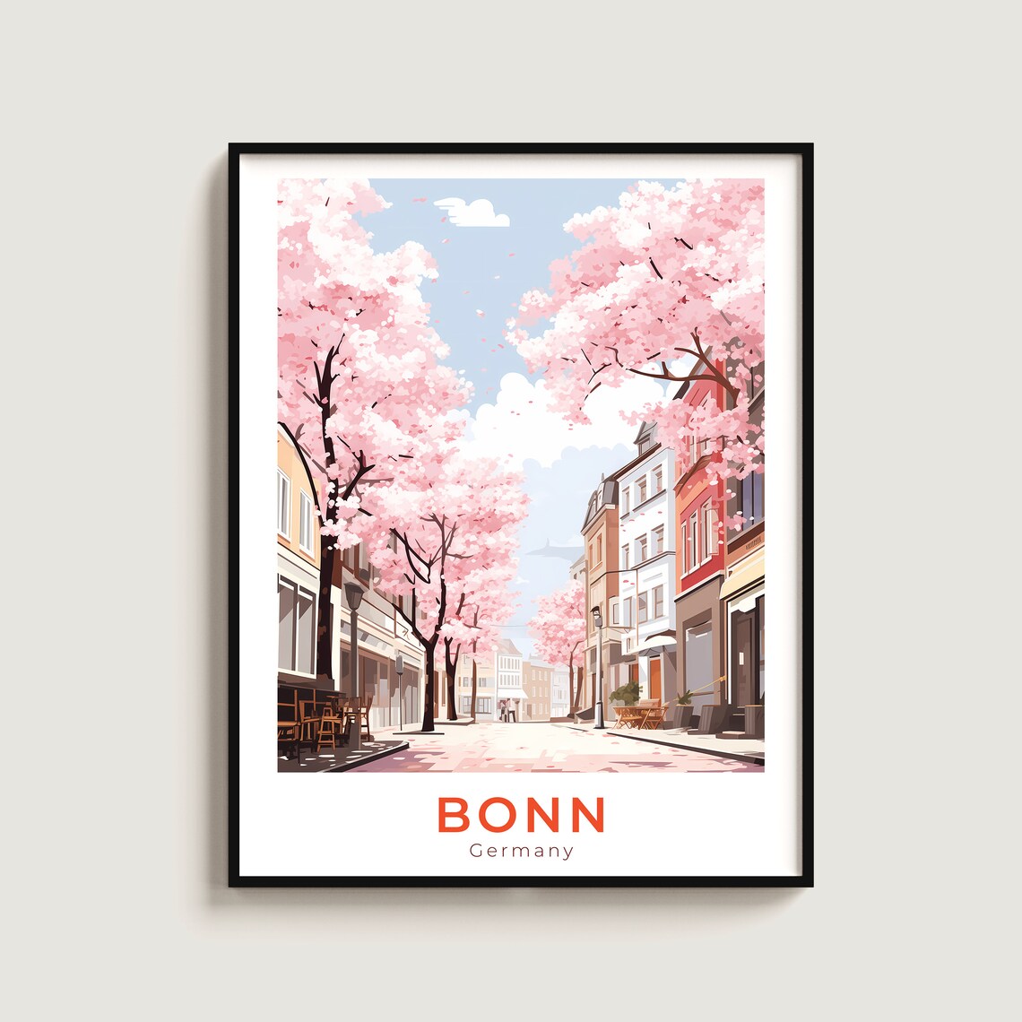 Bonn Germany Cherry Blossom Street Spring Cafes City Travel Poster