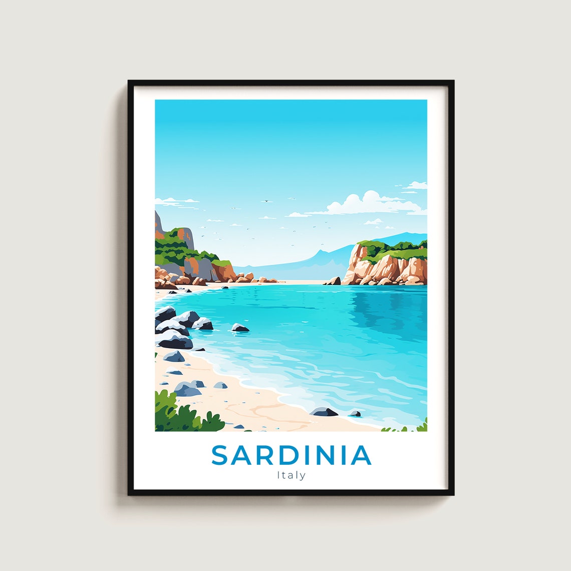Sardinia Italy Turquoise Bay Rocky Cliffs Beach Travel Poster
