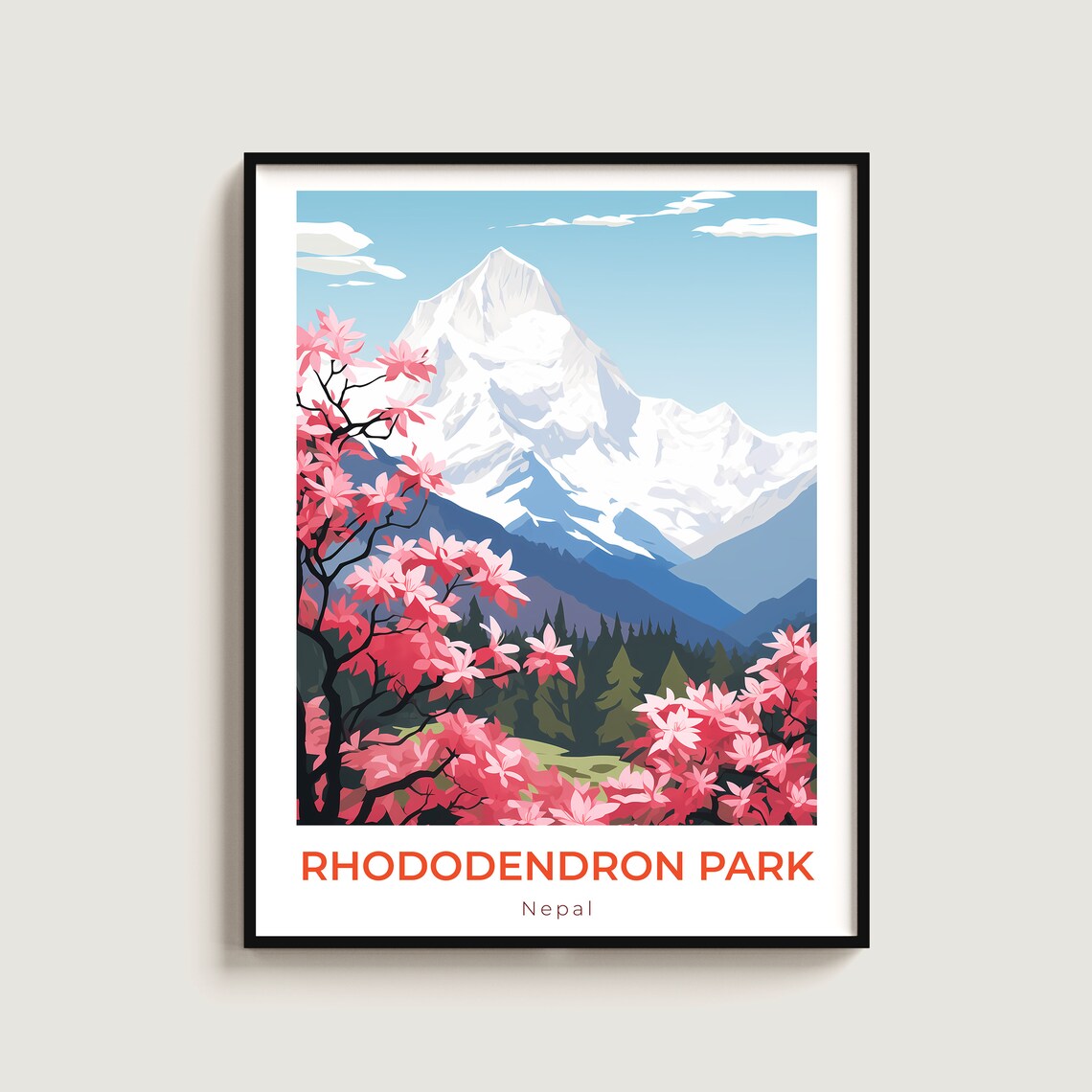Rhododendron Park Nepal Pink Blossom Snow Peak Travel Poster