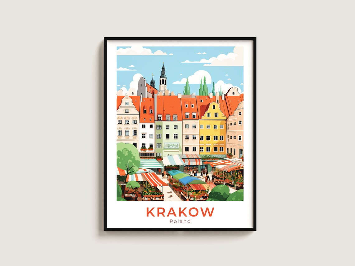 Krakow Poland Lively Old Town Market Square Vintage Travel Poster