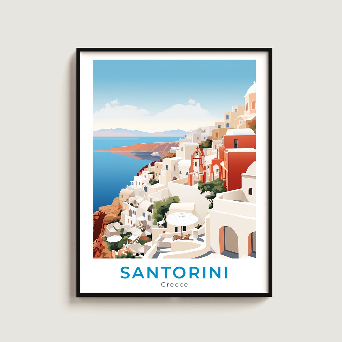 Santorini Greece Cliffside White Village Red Church Travel Poster
