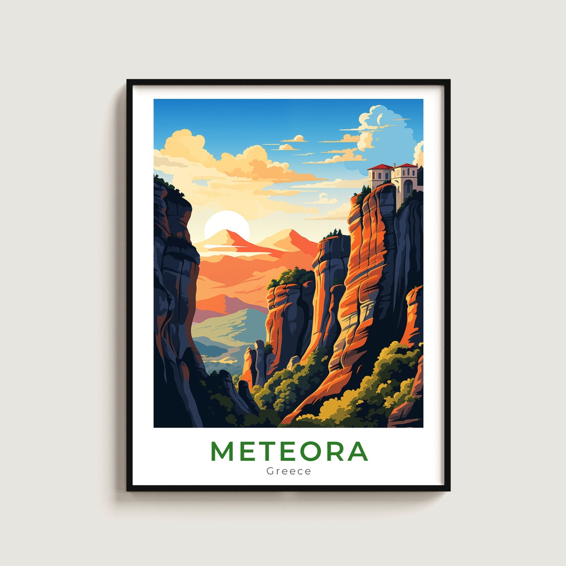 Meteora Greece Cliff Edge Monastery Sunset Rock Travel Poster