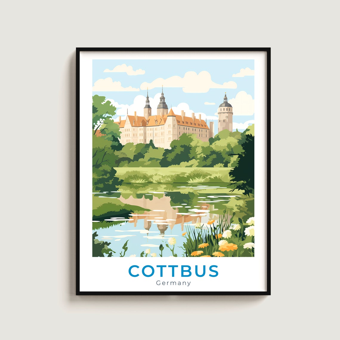 Cottbus Castle Lake Reflection Travel Poster Germany Art Gift