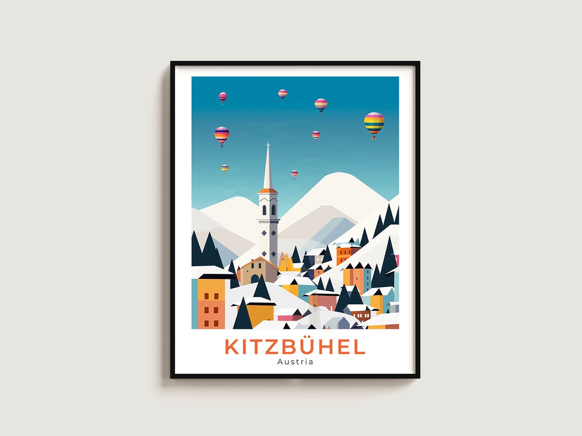 Kitzbuhel Austria Colorful Village Hot Air Balloons Church Sky Poster