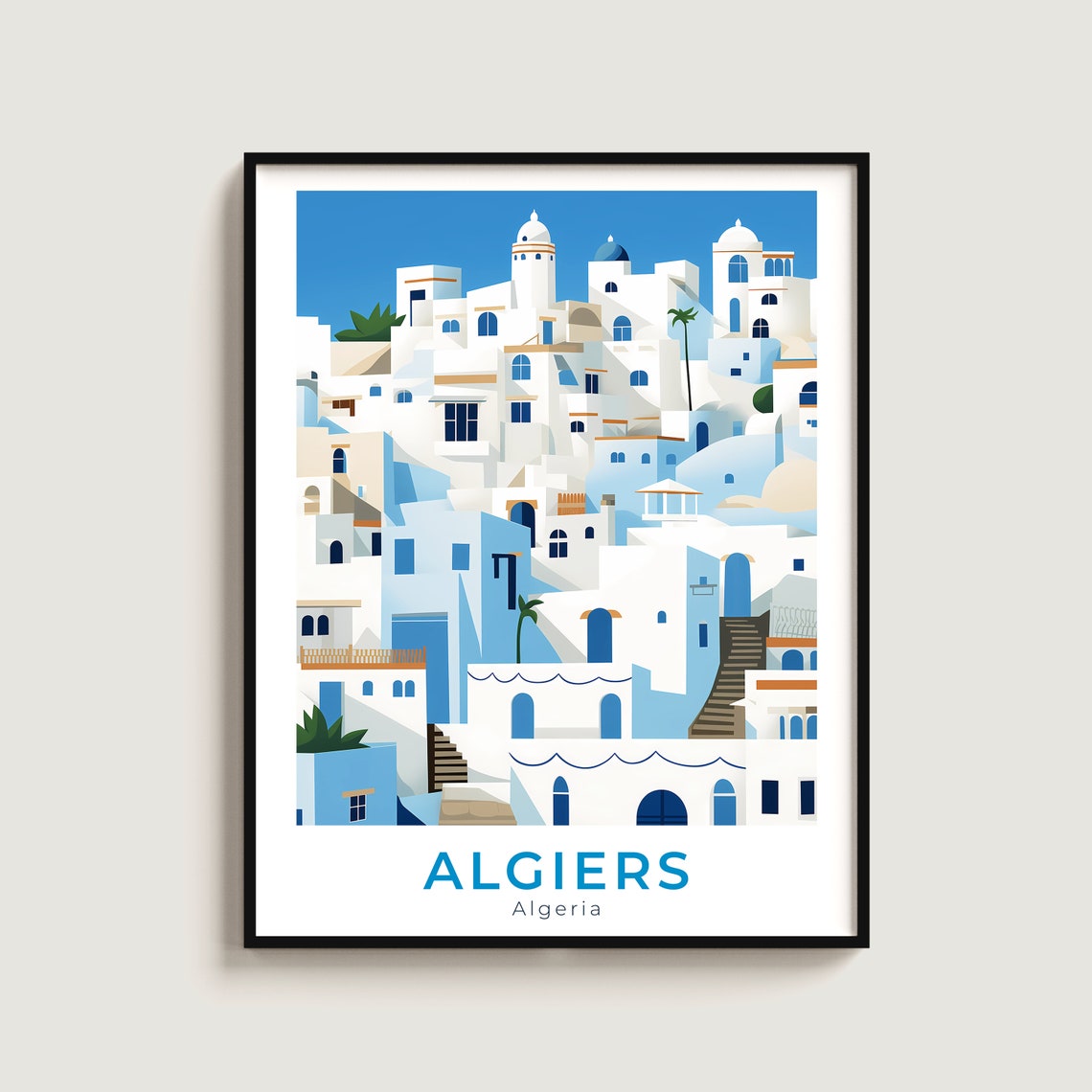 Algiers Algeria White Blue Casbah Hillside Travel Poster Art