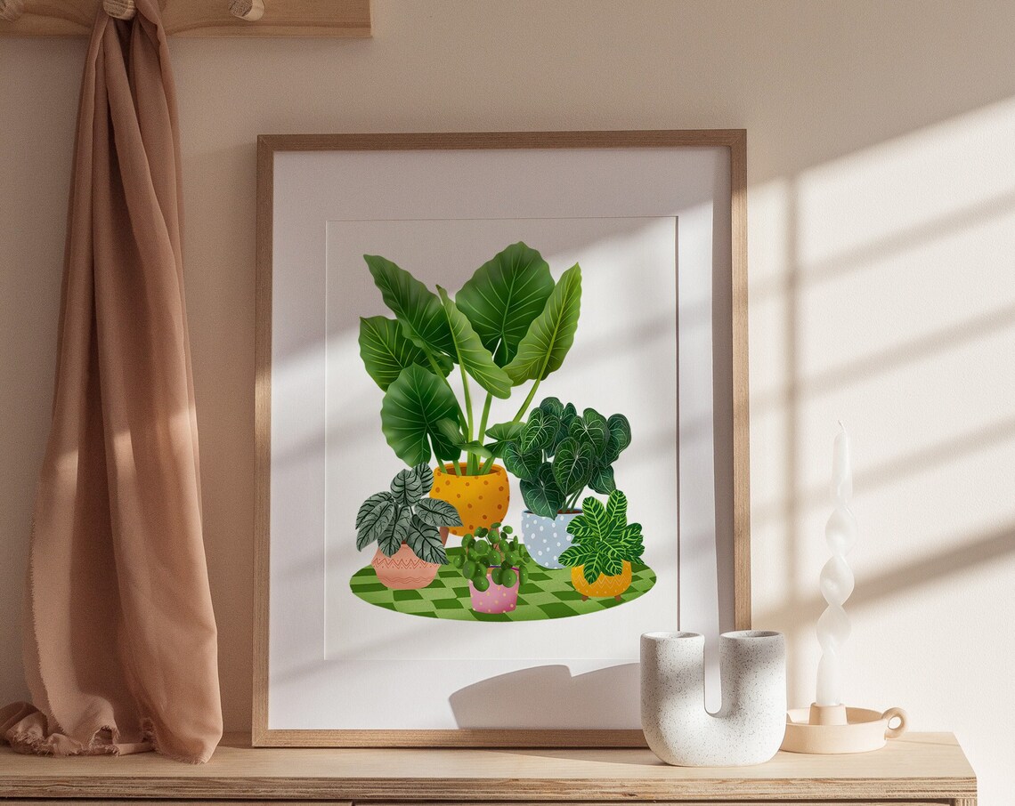 Colorful Potted Houseplants On Green Checkered Rug Illustration Poster - Image 3