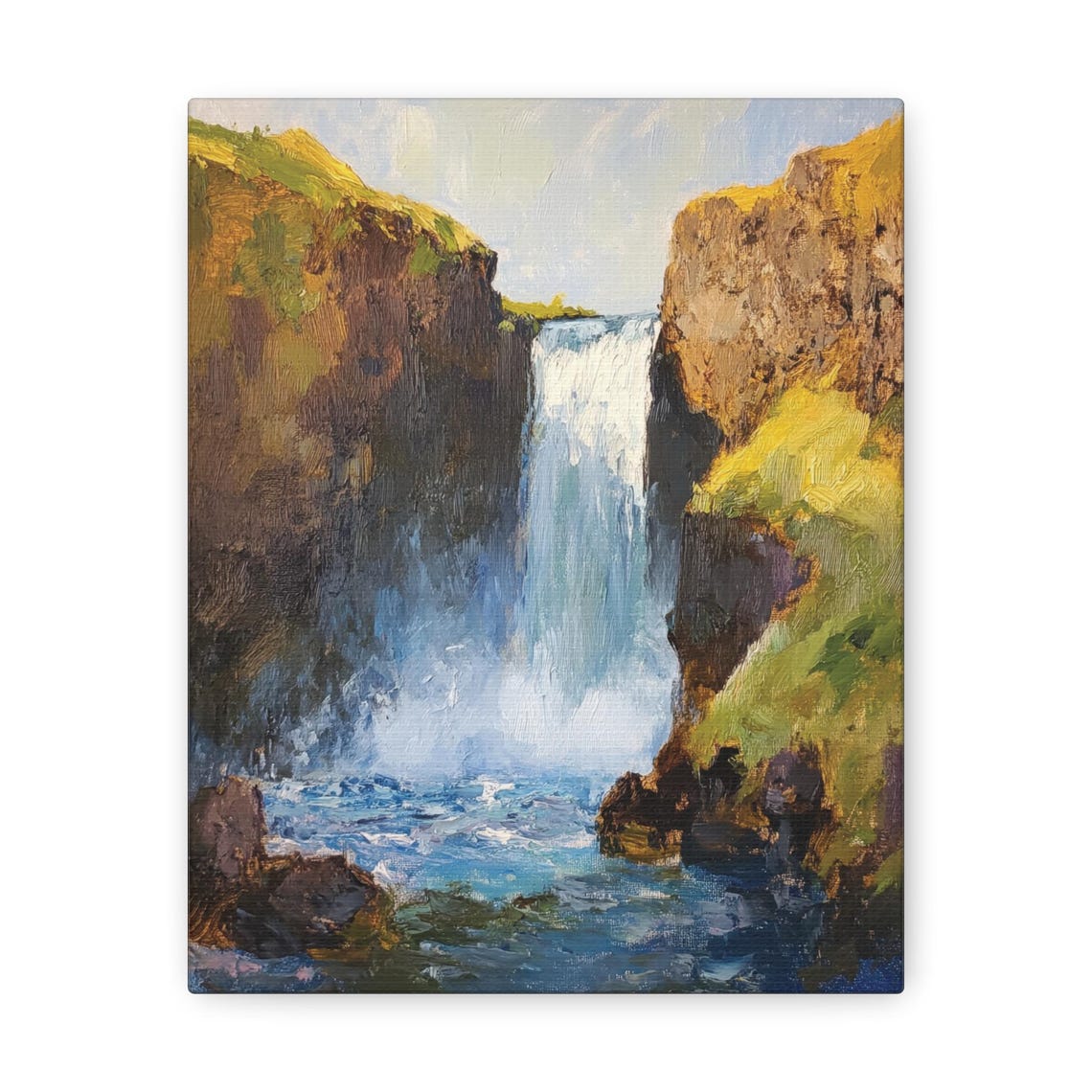 Sunlit Waterfall Between Rocky Cliffs Vivid Impressionist Art Poster - Image 3
