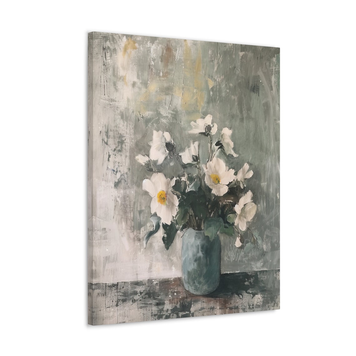 White Cosmos Flowers Blue Vase Gray Abstract Background Floral Poster - Image 4