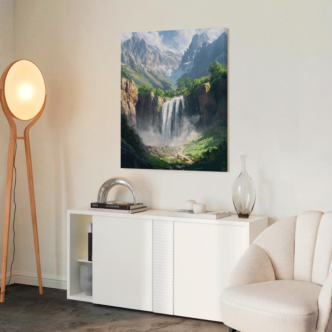 Mountain Waterfall in Lush Green Valley with Snow-Capped Peaks Poster - Image 2