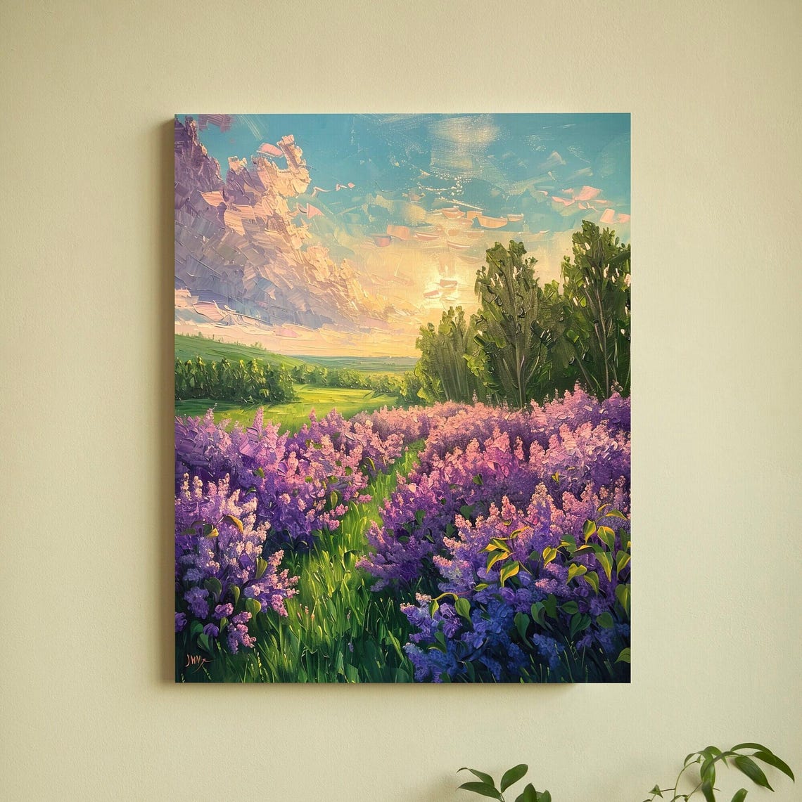 Lilac Field Sunset Green Meadow Impressionist Landscape Poster