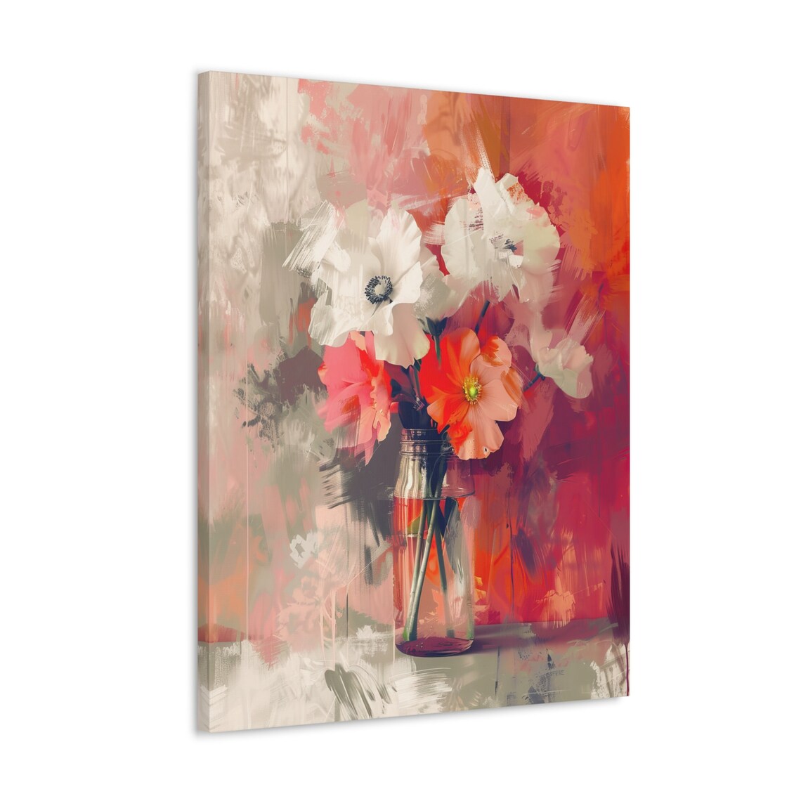 White Anemones and Coral Flowers Poster in Glass Jar Abstract Floral - Image 4