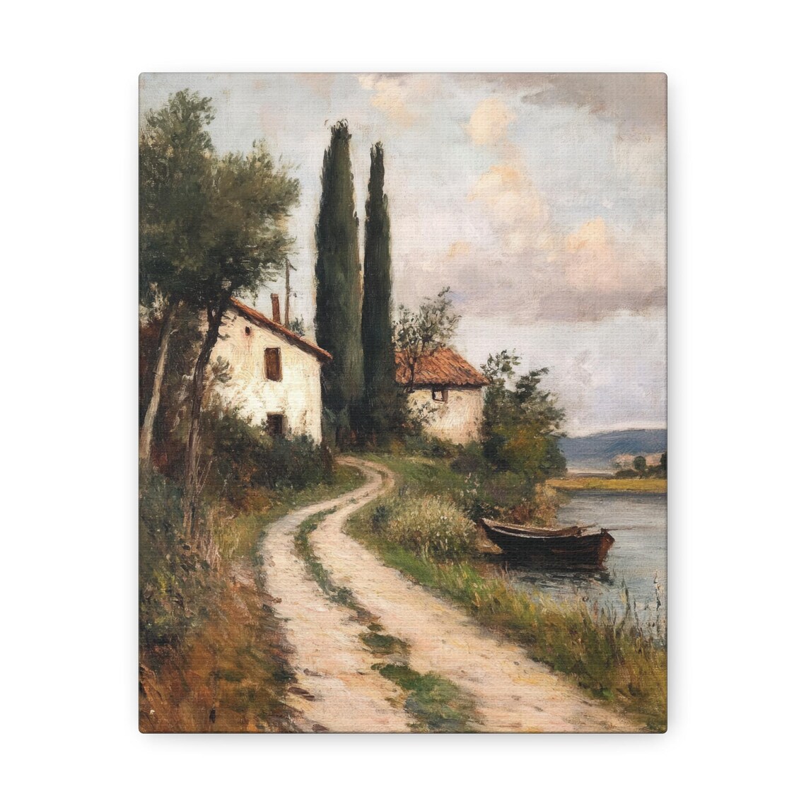 Italian Farmhouse Poster with Cypress Trees by a Lake and Boat Scene - Image 3