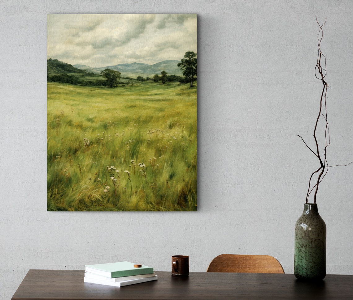 Green Wildflower Meadow Poster with Rolling Hills in Vintage Style - Image 2