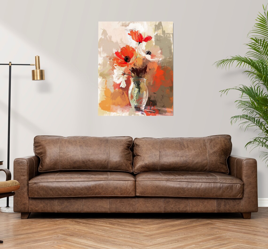 Orange Poppies in a Glass Vase Poster with Warm Abstract Background - Image 3