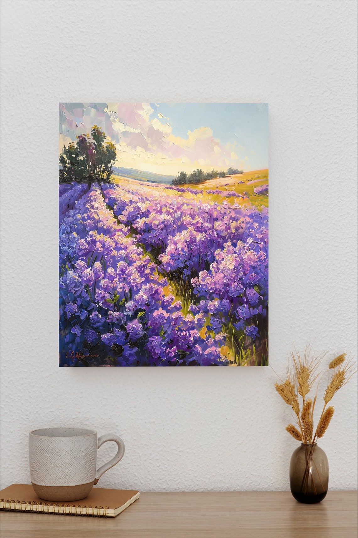 Impasto Lavender Field at Sunrise with Golden Rolling Hills Poster - Image 2