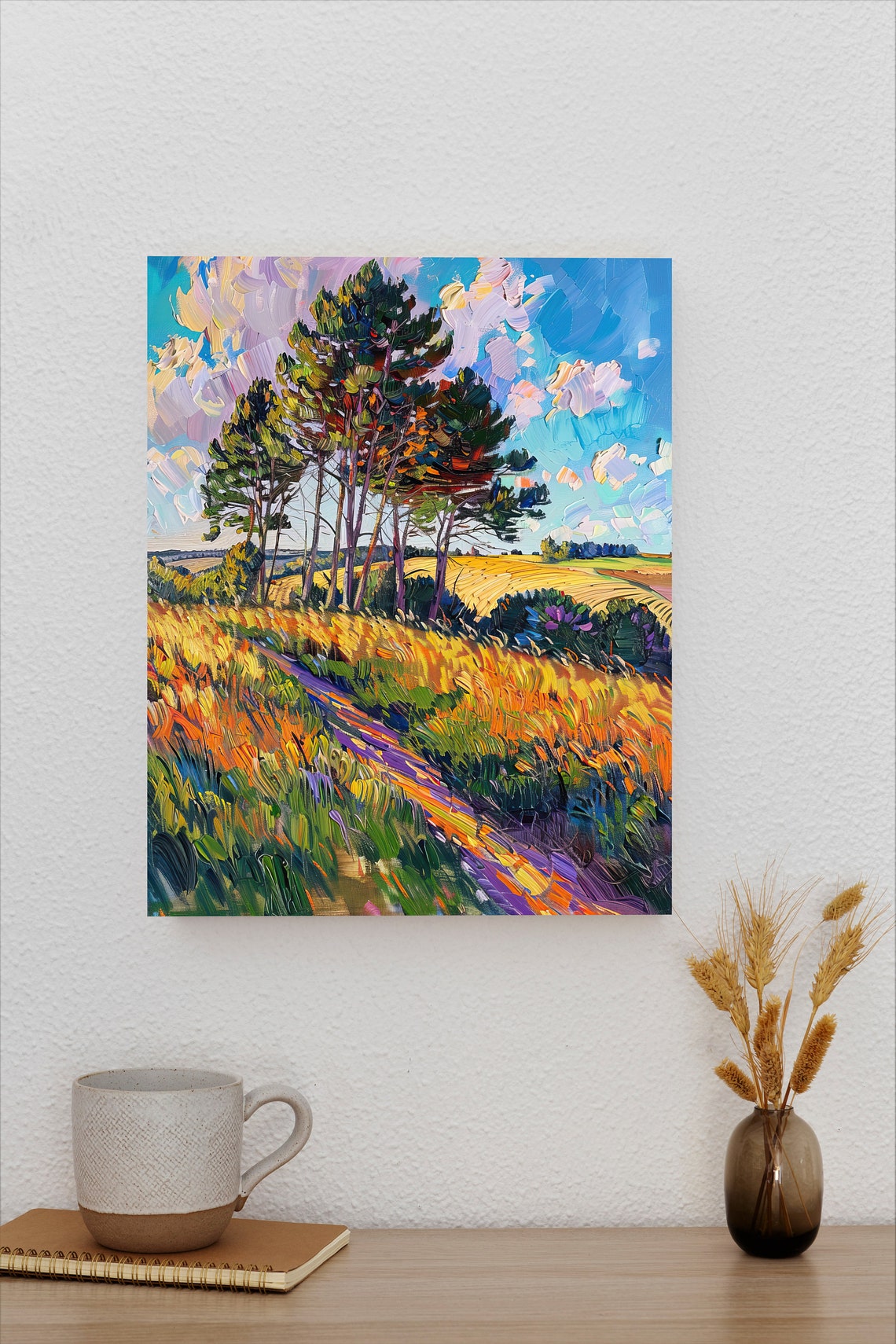 Impressionist Pine Grove in Golden Meadow Under Vibrant Sky Poster - Image 2