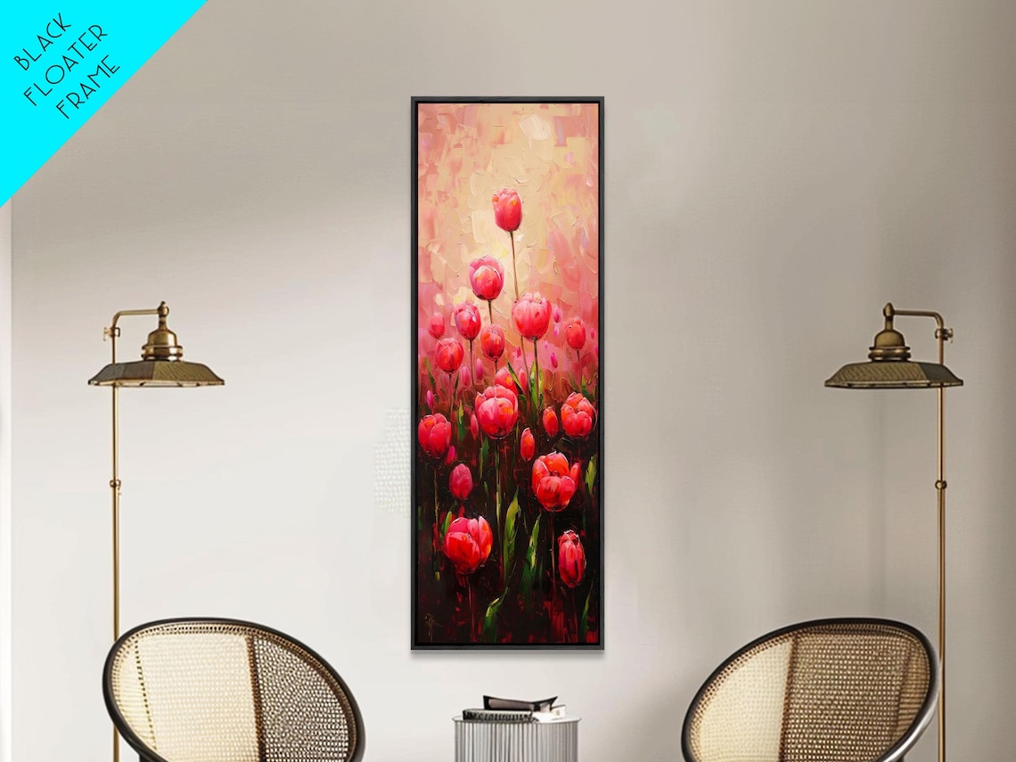 Vibrant Red Tulips Blooming Field Oil Painting Tall Floral Art Poster
