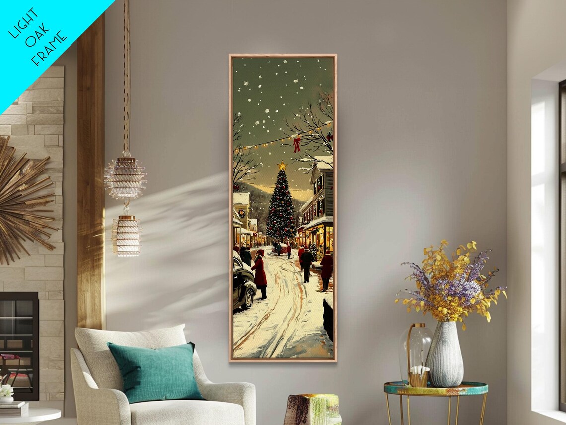 Snowy Christmas Market Street Tree Lights Festive Night Wall Art - Image 4