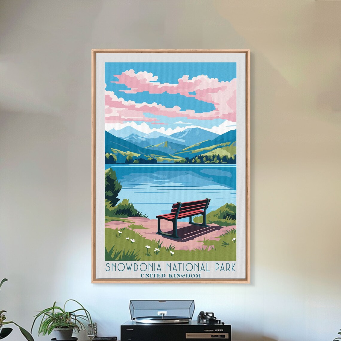 Snowdonia National Park Wales Lake View Lakeside Bench Pink Clouds Poster - Image 3