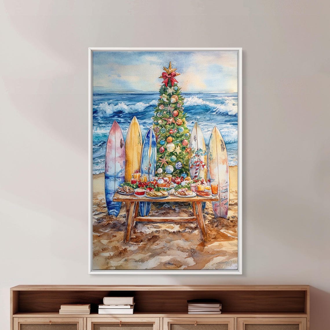 Beach Christmas Tree With Surfboards Holiday Feast Scene Poster - Image 3