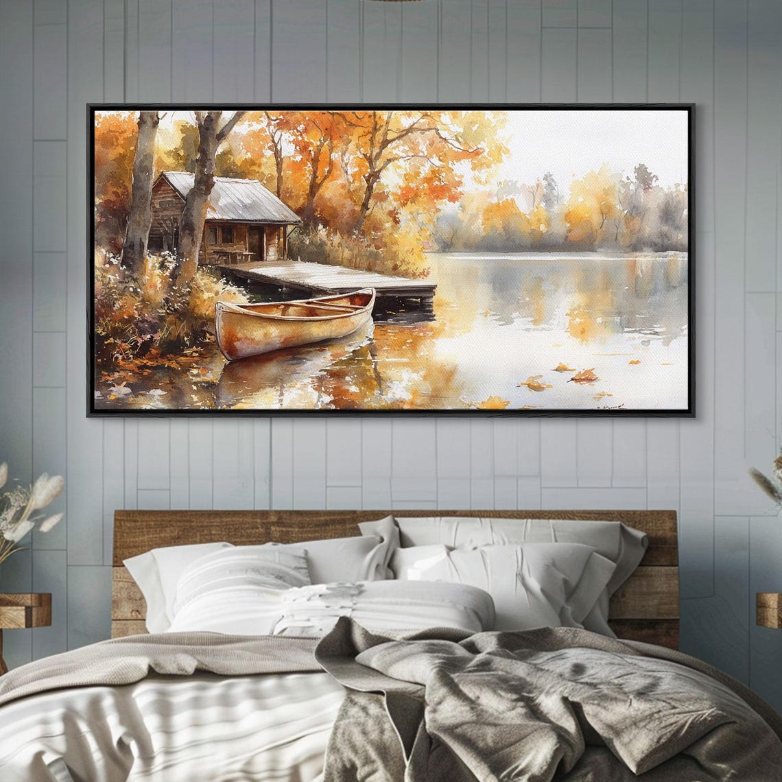 Autumn Lakeside Cabin Canoe Wooden Dock Golden Trees Calm Water Poster - Image 5