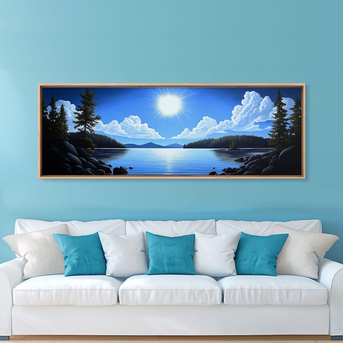 Bright Blue Lake Sun Clouds Pine Trees Panoramic Scenic Poster