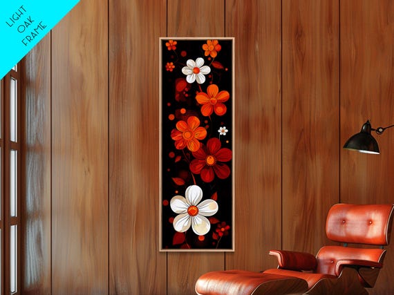 Floral Pattern In Bold Colors Framed Print Midcentury Modern Skinny Art Tall Wall Art For Living Room Or Bedroom Decor