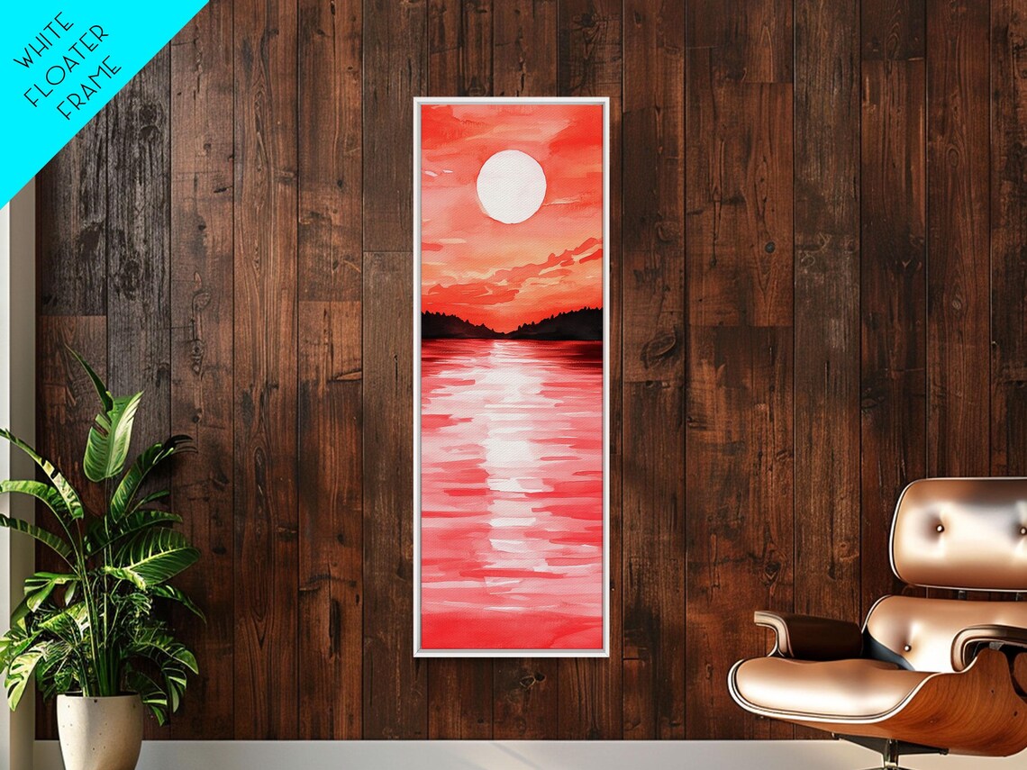 Coral Sunset Ocean Watercolor Painting Big Sun Seascape Vertical Poster - Image 6