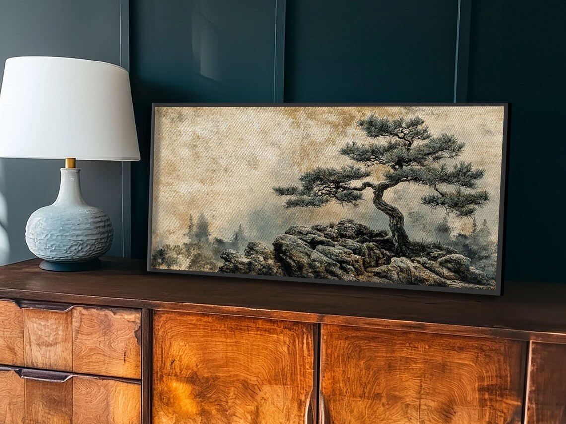 Pine Tree on Rocks, Rustic Zen Landscape Art Print