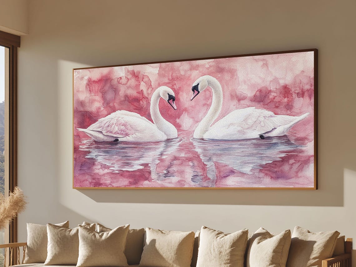 Two White Swans Heart Necks Pink Water Romantic Love Wall Poster - Image 2