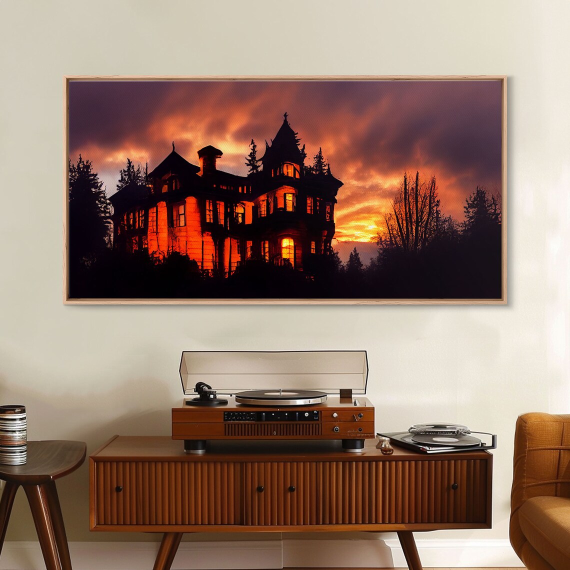 Haunted House Halloween Art Print, Night Scene