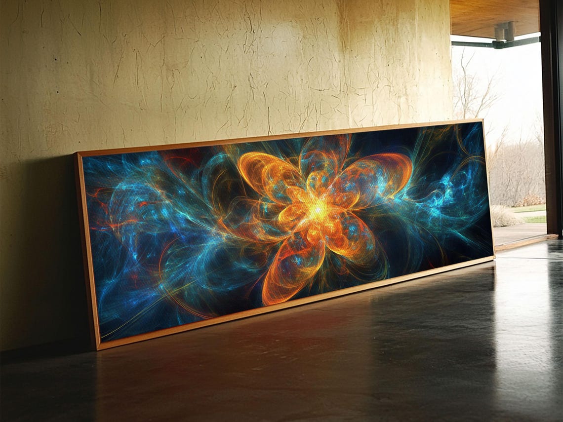 Fiery Fractal Blossom Panoramic Glowing Orange Blue Cosmic Art Poster - Image 4