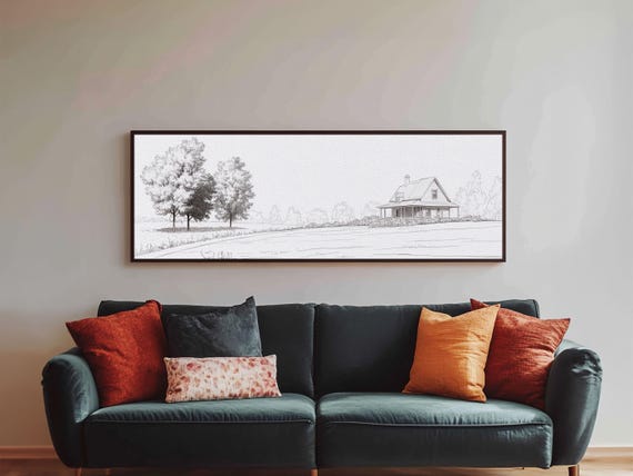 Rustic Farmhouse Framed Print Black And White Landscape Art Above Sofa Wall Art Minimalist Living Room Country Decor