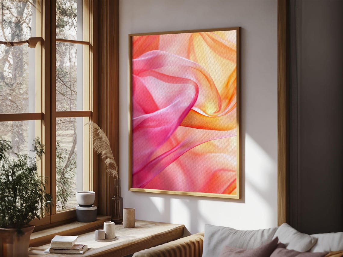 Sheer Pink Orange Silk Waves Minimalist Zen Dreamy Abstract Art Poster - Image 3