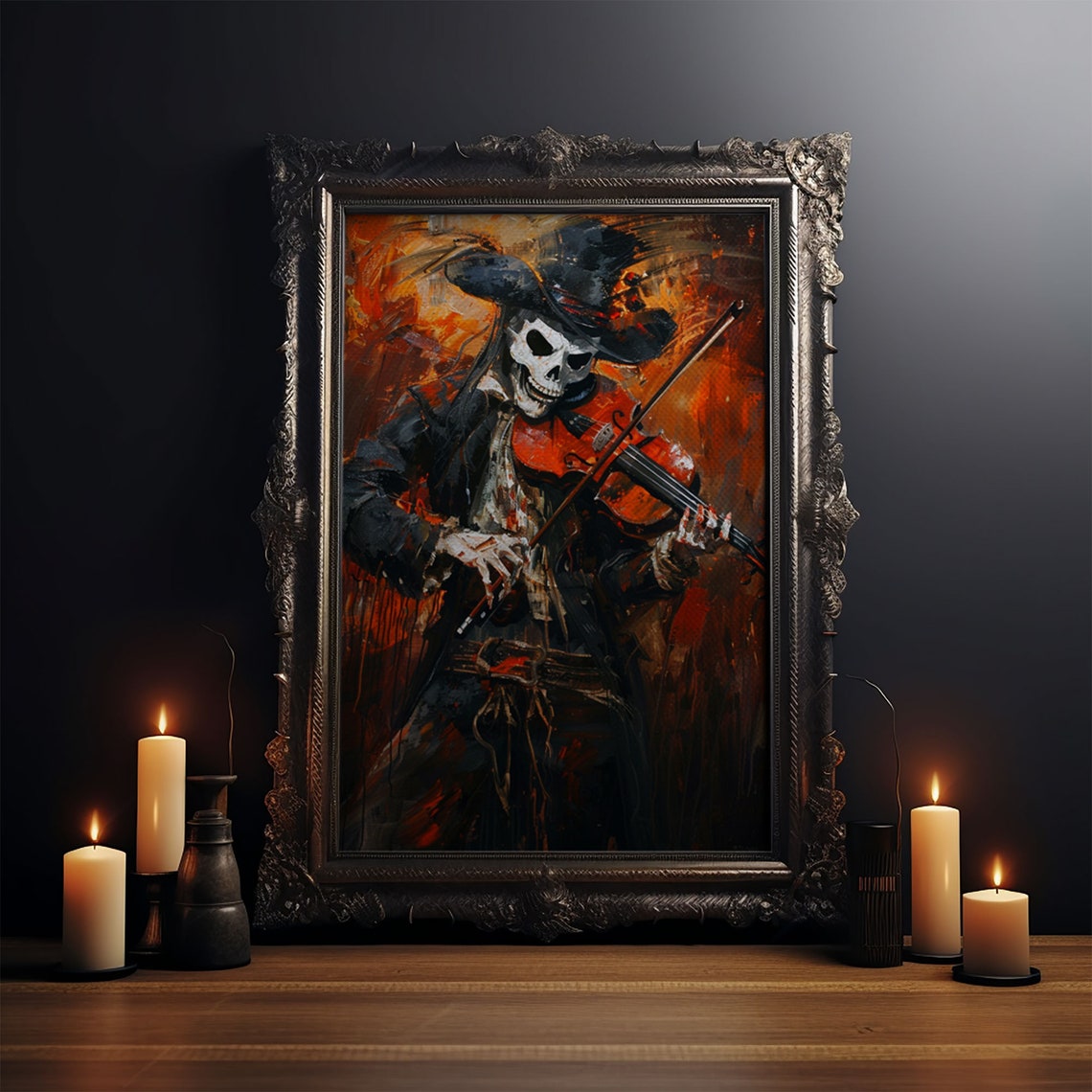 Skeleton Violinist In Top Hat Playing Against Fiery Night Poster - Image 4