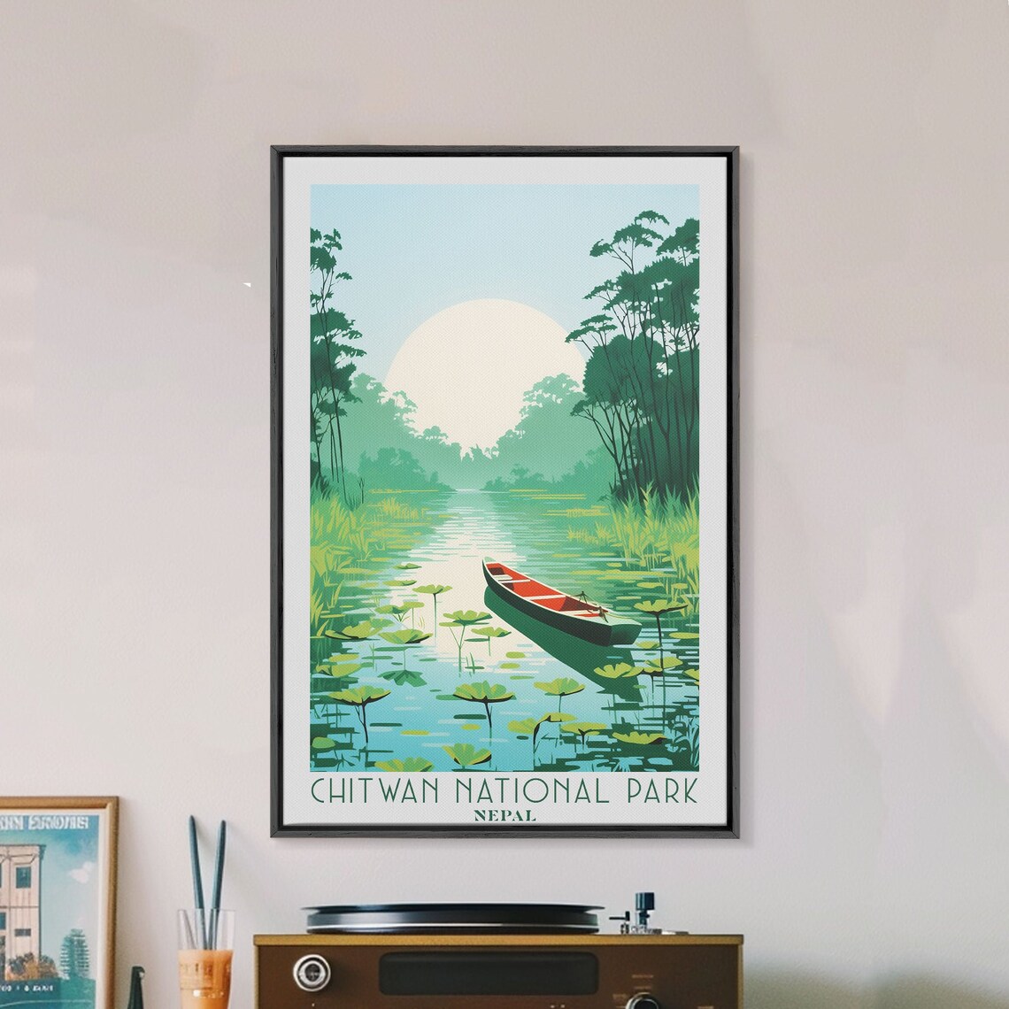 Chitwan National Park Nepal Jungle River Canoe Lily Pads Sunrise Travel Poster - Image 2