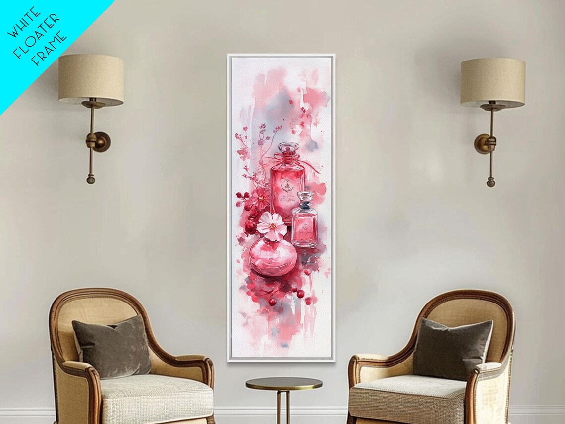 Pink Perfume Bottles Watercolor Painting Floral Fragrance Vertical Art Poster - Image 3
