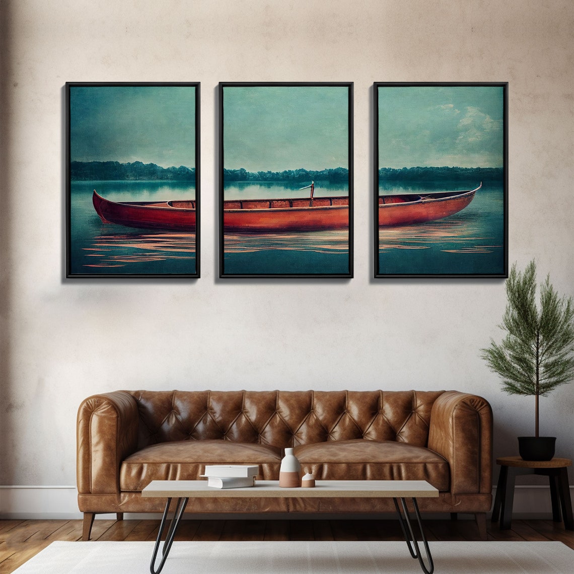 Red Canoe On Calm Teal Lake Three Piece Wall Art Tranquil Print - Image 2