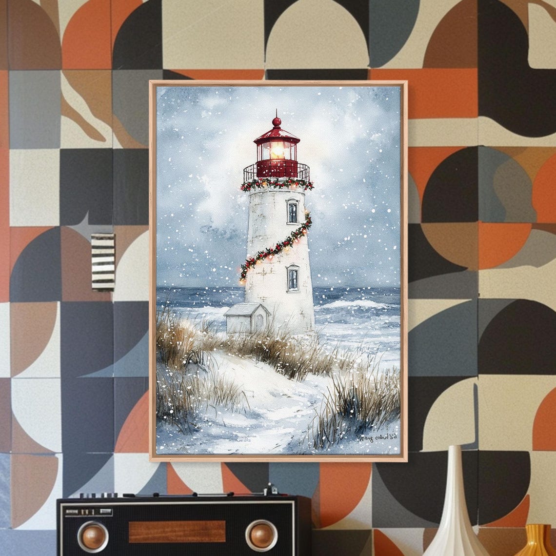 White Lighthouse Wrapped In Christmas Garland In Snowstorm Poster