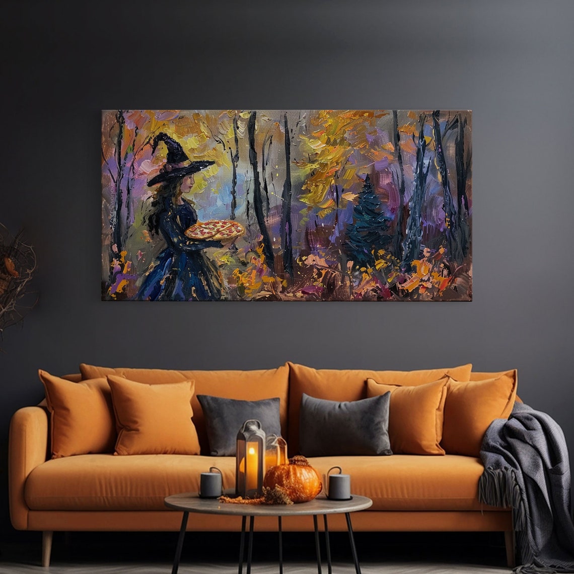 Witch Having Pizza Party In Autumn Haunted Forest Funny Art Print - Image 3